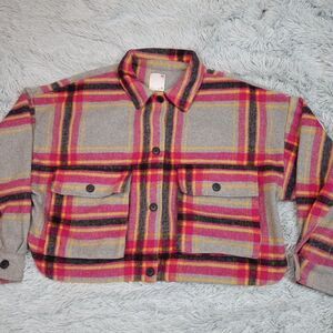 So Jacket Womens XL Gray Pink Wool Blend Cropped Plaid Button Up Pockets Outdoor